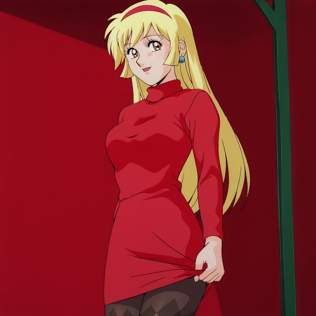 <lora:CutieHoney_pony_v1:.8> Honey, 1girl, blonde hair, retro artstyle, long hair, hairband, jewelry,  1980s (style), 1990s (style), cowboy shot,  <lora:0965 Home wear 12_v1_pony:1> ruanyi0965,red dress,short dress,black pantyhose,argyle legwear,turtleneck,dress lift,bottomless,long sleeves