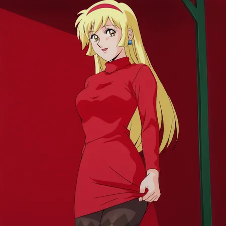 <lora:CutieHoney_pony_v1:.8> Honey, 1girl, blonde hair, retro artstyle, long hair, hairband, jewelry,  1980s (style), 1990s (style), cowboy shot,  <lora:0965 Home wear 12_v1_pony:1> ruanyi0965,red dress,short dress,black pantyhose,argyle legwear,turtleneck,dress lift,bottomless,long sleeves