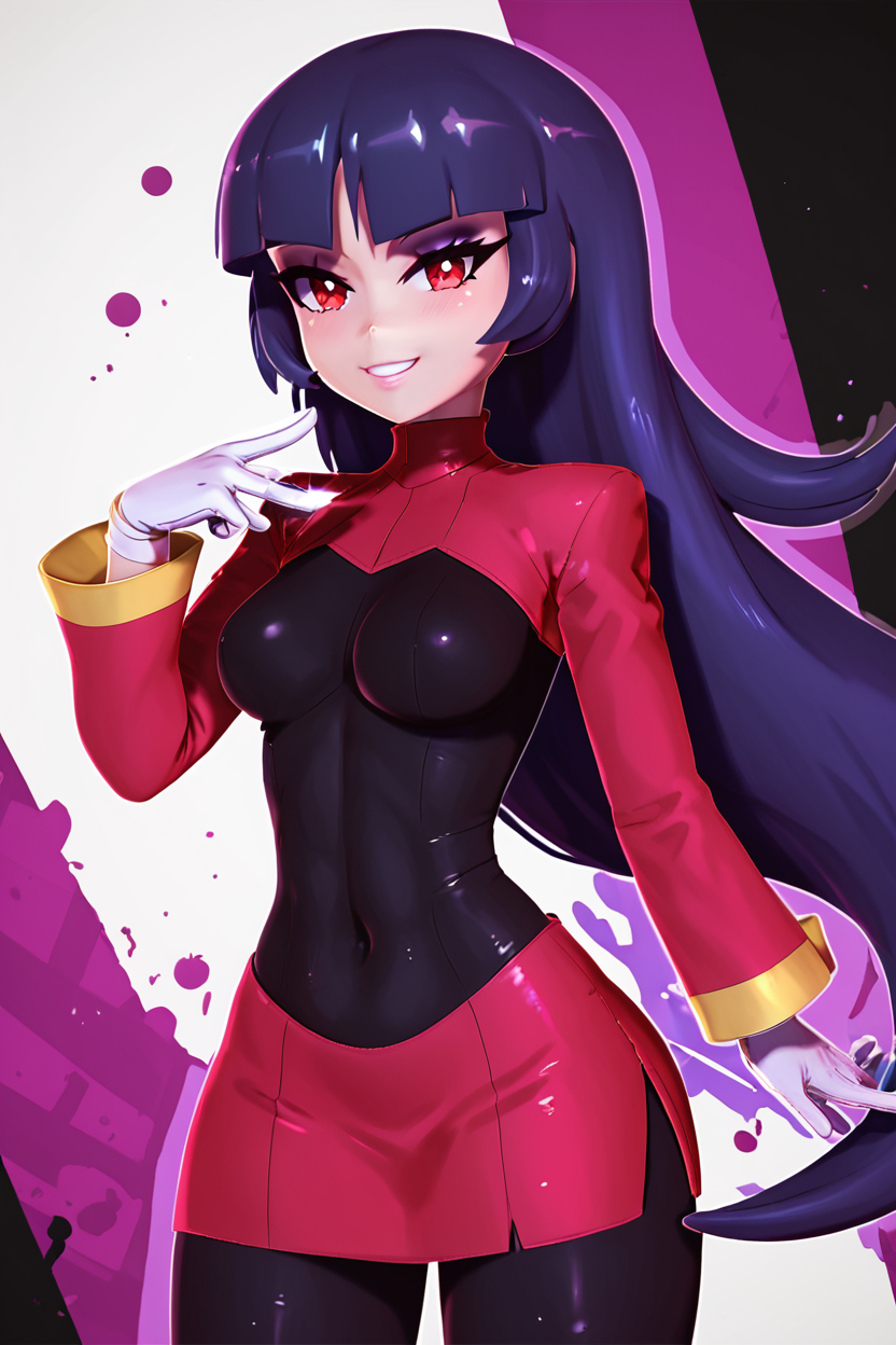 score_9, score_8_up, score_8, medium breasts, (curvy), cute, eyelashes,       BREAK, , ,,,   zzSabrina, red eyes, long hair, blunt bangs, sabrina (pokemon), purple hair, pantyhose, black hair, long sleeves, red skirt,  white gloves, black bodysuit,  ,<lora:Sabrina_Pokemon_PDXL:0.8>, ,,, , BREAK, smile, looking at viewer, cowboy shot, ,,, embedding:zPDXL, Expressiveh, ,,, <lora:Zy0n7_PDXL:0.8>, <lora:SDXLFaeTastic2400:0.5>, <lora:Expressive_H-000001:0.4>,