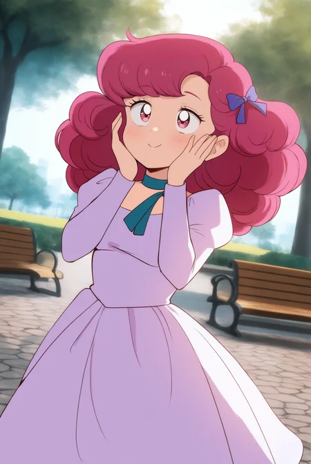 <lora:Ran_(1981):0.8> ran, pink eyes, (pointy ears:0.6), curly hair, pink hair, hair ornament, ribbon, retro artstyle, 1980s (style), long sleeves, juliet sleeves, light purple dress, choker, blue neck ribbon, park, park bench, tree, day, stone walkway, hands on own face, smile, Dutch Angle, looking at nothing, (1girl:2, solo:2), masterpiece, best quality, very aesthetic, absurdres, amazing quality masterpiece, hyper-detailed, (8k uhd::1.4), intense atmosphere, detailed clothing, dramatic lighting, (perfect hands), detailed face,