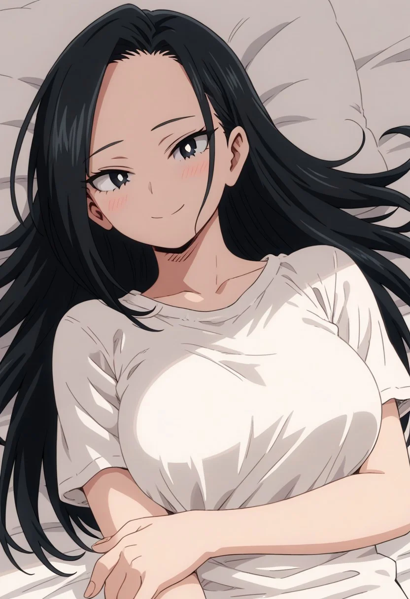 momo_yaoyorozu, 1girl, 1girl,score_9, score_8_up, score_7_up, black hair, black eyes, white pupil, solo, long hair, smile, shirt, collarbone, portrait, white shirt, lying, on bed, breasts,  looking at viewer, blush, closed mouth, animestyle, hairdown