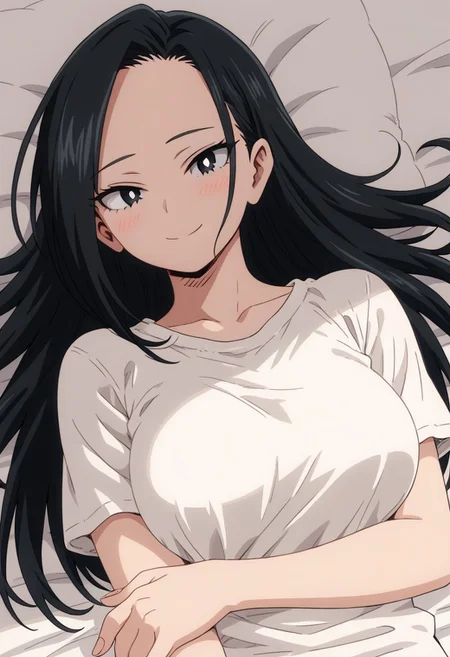 momo_yaoyorozu, 1girl, 1girl,score_9, score_8_up, score_7_up, black hair, black eyes, white pupil, solo, long hair, smile, shirt, collarbone, portrait, white shirt, lying, on bed, breasts, looking at viewer, blush, closed mouth, animestyle, hairdown