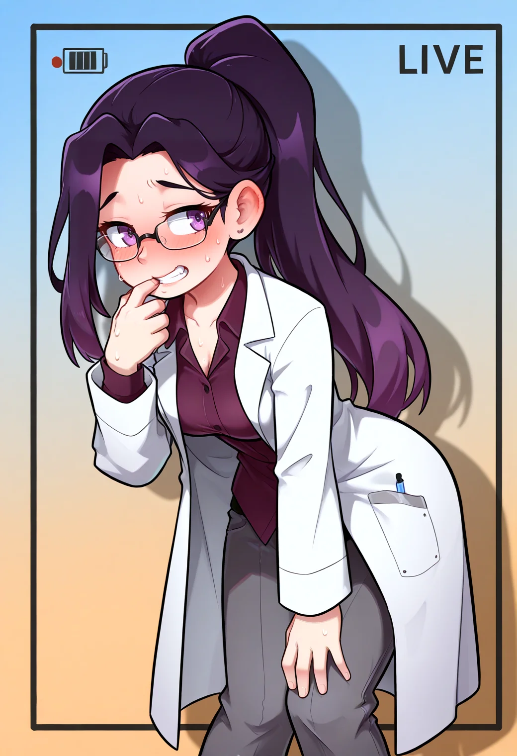 IllustriousQual <lora:StS-Illustrious-Detail-Slider-v1.0:2> <lora:cfg_scale_boost:0.3>,detailed_background,outdoors,hand up,glasses,gradient background,16personalities,shirt,shade,sweat,laodaye26417,long hair,coat,ponytail,purple eyes,biting own finger,white coat,ear blush,long sleeves,1girl,collarbone,lab coat,multicolored background,standing,nose blush,full-face blush,open clothes,nervous sweating,hand on own knee,looking to the side,pants,highres,myers-briggs type indicator,absurdres,open coat,teeth,purple shirt,logician \(16personalities\),nervous,solo,grey pants,embarrassed,blush,collared coat,high ponytail,purple hair