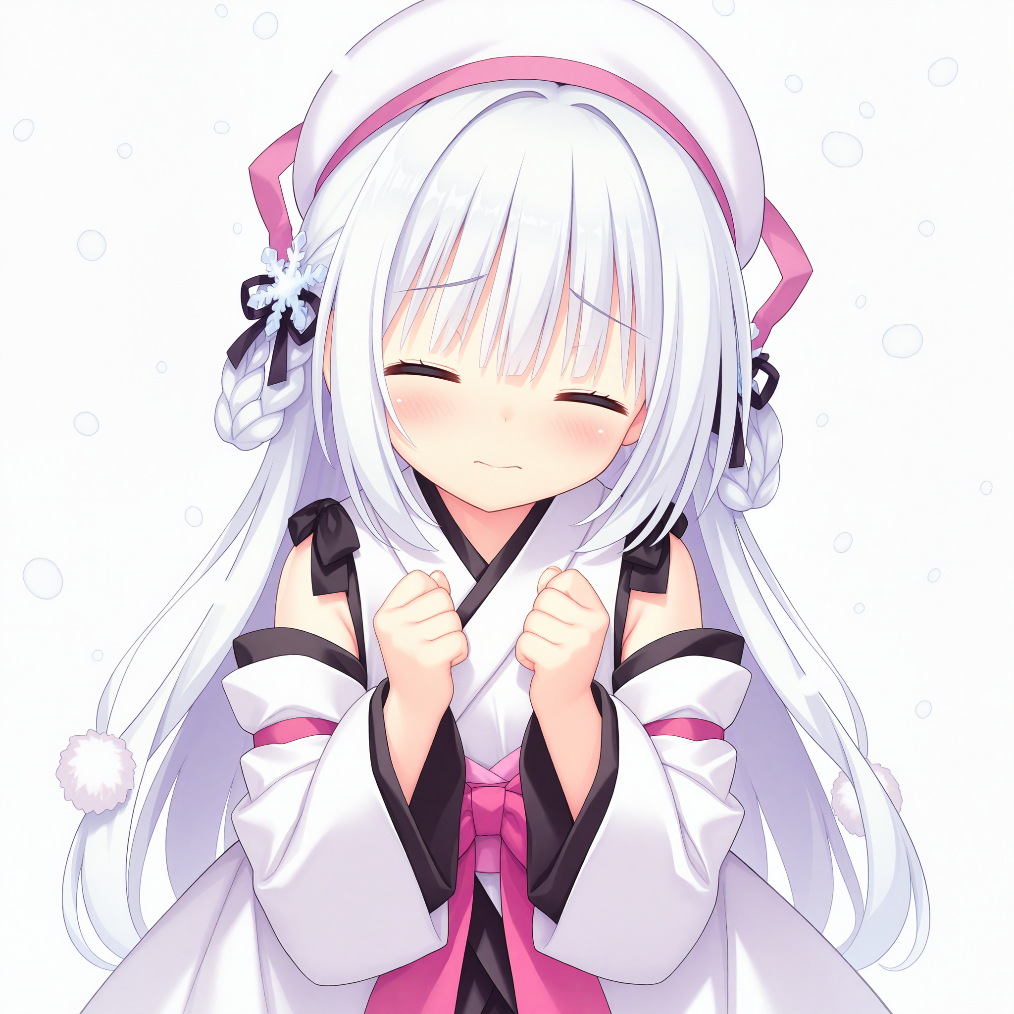 <lora:Mado_UT_art_n16c16_nai_loha:1.3>,Mado UT art,
<lora:Yuuki_2_nai_7:0.9>,Yuuki,hair rings,braid,snowflake hair ornament,black ribbon,pom pom hair ornament,white beret,hat ribbon,pink ribbon,detached sleeves,japanese clothes,long sleeves,wide sleeves,kimono dress,white kimono,pink sash,black bow,layered kimono,
1girl,solo,closed eyes,>_<,front view,clenched hands,straight-on,simple background,snowing,white background,looking at viewer,head down,