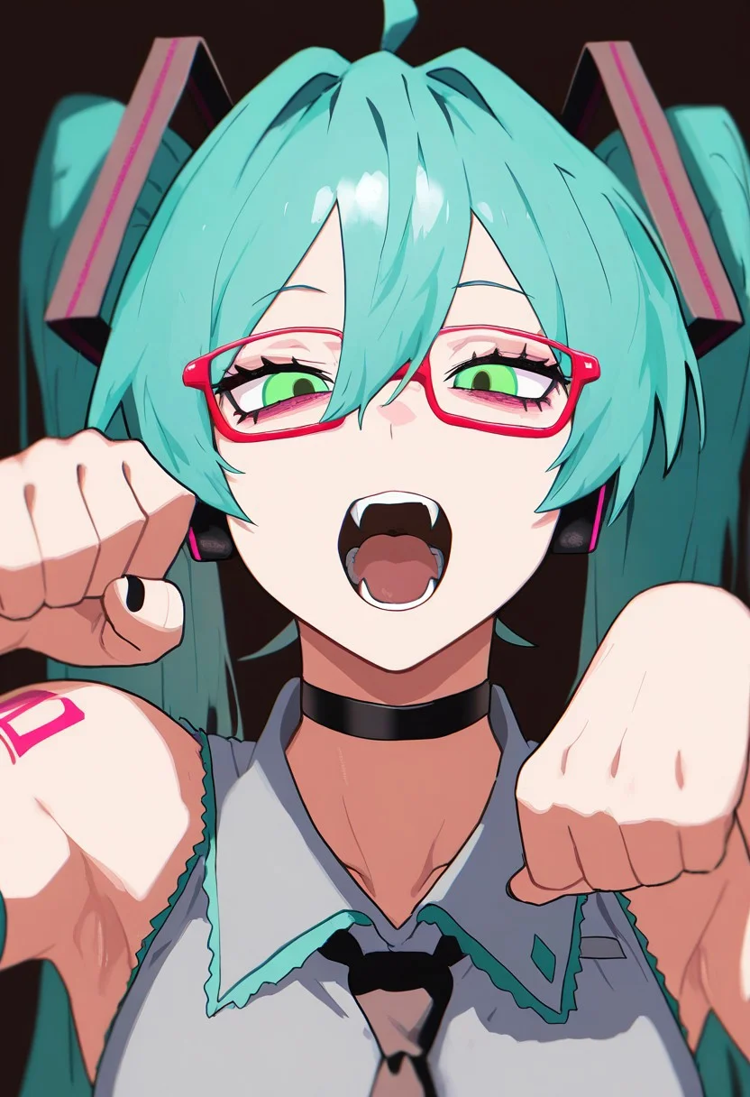 masterpiece, best quality, very aesthetic, high resolution, ultra-detailed, absurdres, newest, extremely detailed eyes, beautiful, perfect lighting, hi res, amazing quality, InHUMN_ST, aqua hair, green eyes, red-framed eyewear, teeth, fangs, black choker, hatsune miku, paw pose,