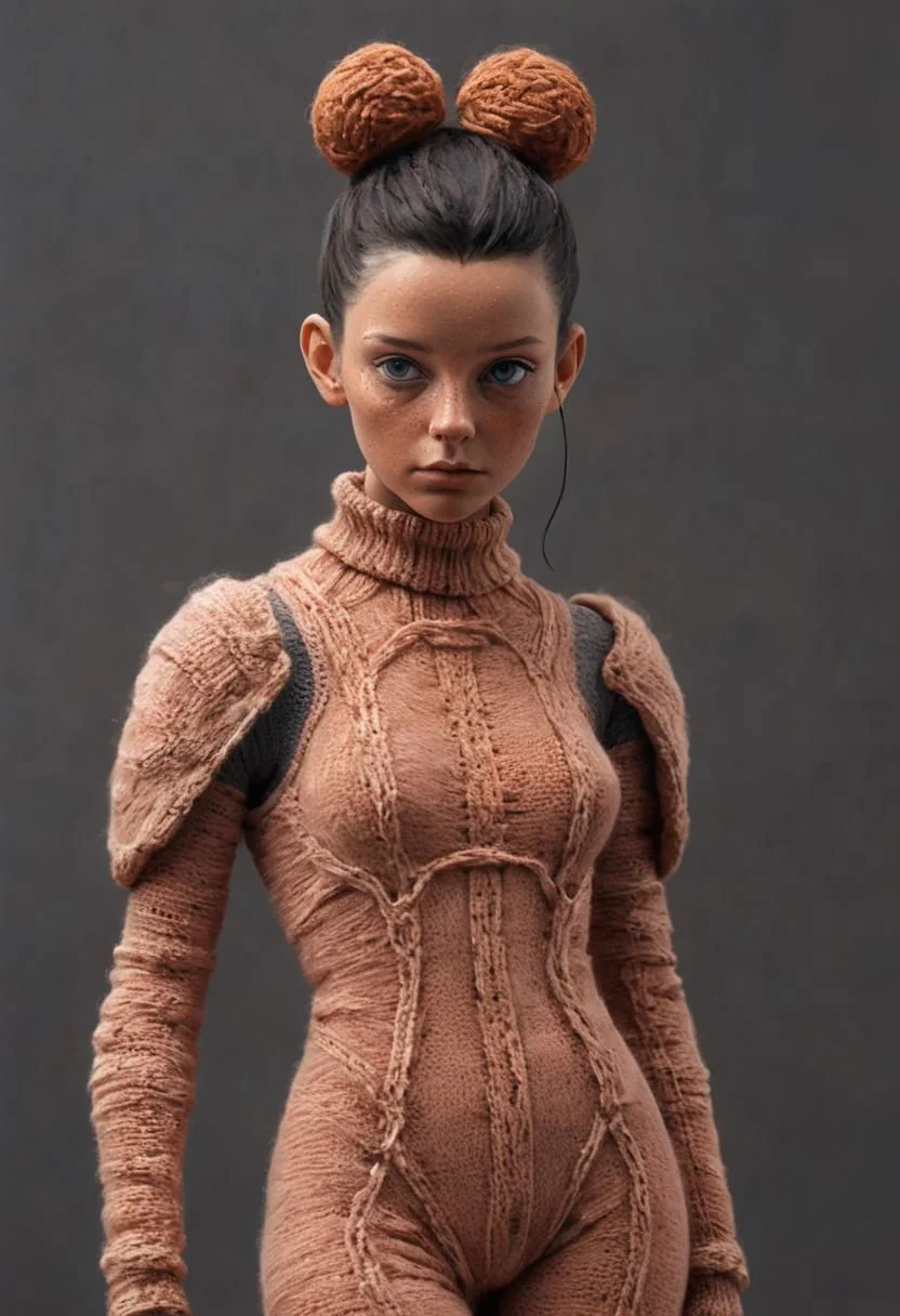 Terracotta Girl in knitted full Body suit, DARK Hairbun, Freckles, dystopian Sci-fi, as wing commander