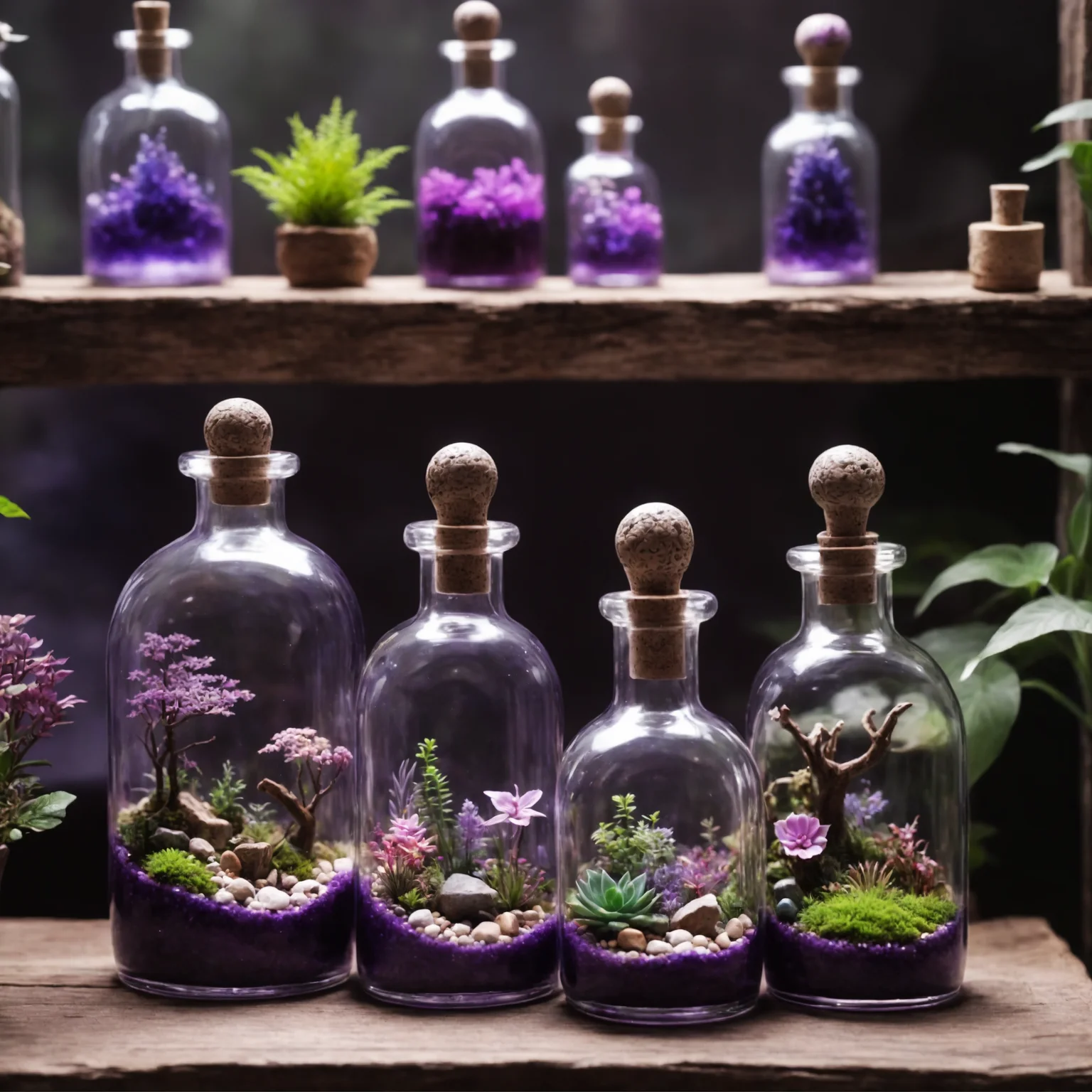 (beautiful scenery nature glass bottle landscape, , purple galaxy bottle:1.2), in a rustic shop full of the same kinds of magical bottles and miniature terrariums in glass enclosures, beautiful scenery nature glass bottle landscape, purple galaxy bottle, (in a rustic shop full of the same kinds of magical bottles and miniature terrariums in glass enclosures:1.2)