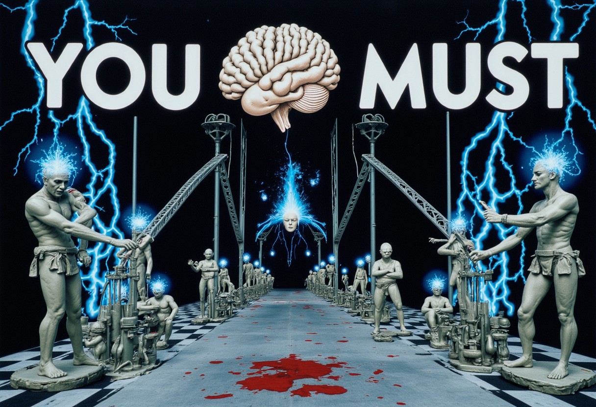 the words 'YOU MUST' written in large font fills the front of frame. In the back of frame weird man with in a dark room with checkerboard blue lotus PEOPLE ARE trapped inside machinery, people crushed inside mechanical gears, high gore arms crushed and bent, signs of wailing, people in business suits trapped in machinery. floors with blood on the ground with a white interior cyber tech electricity electical circuits illuminati symbols with brains and vaginas with high technology alchemical background lightning bolts