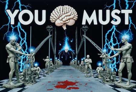 the words 'YOU MUST' written in large font fills the front of frame. In the back of frame weird man with in a dark room with checkerboard blue lotus PEOPLE ARE trapped inside machinery, people crushed inside mechanical gears, high gore arms crushed and bent, signs of wailing, people in business suits trapped in machinery. floors with blood on the ground with a white interior cyber tech electricity electical circuits illuminati symbols with brains and vaginas with high technology alchemical background lightning bolts