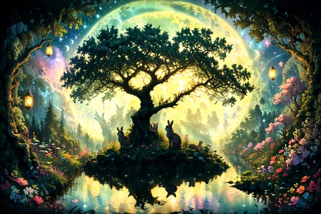 Imagine a serene and mystical forest clearing under a full moon's soft glow. In the heart of this enchanted landscape, a grand, ancient oak tree stands tall, its branches stretching wide and adorned with glowing lanterns, casting gentle light upon the surroundings. Beneath this majestic tree, a small, crystal-clear pond mirrors the moon and stars above, adding a magical sparkle to the scene. Surrounding the pond, a carpet of lush, green moss and delicate, colorful wildflowers create a vivid mosaic of life. In the foreground, a family of forest creatures, including a wise old owl perched on a branch, a curious fox peeking from behind the trees, and a pair of rabbits nestled in the grass, gather in peaceful harmony, enjoying the tranquility of the night. This tableau blends the natural beauty of the wild with a touch of fantasy, evoking a sense of wonder and enchantment <lora:Lost_In_Dreams:0.7> <lora:xl_more_art-full_v1:0.6>, (masterpiece:1.2), best quality, (hyperdetailed, highest detailed:1.2), high resolution textures