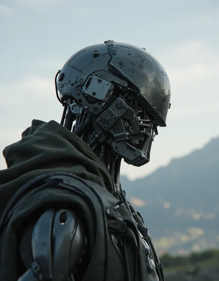 SCI_FACTOR_CORE cyberpunk,This is a digital artwork in the style of ckgr, concept art, man is an android, the humanoid robots plastic camouflage cyborg mask is open, the mechanical parts of the robot are visible inside, background is a vast battlefield with mountains in background,