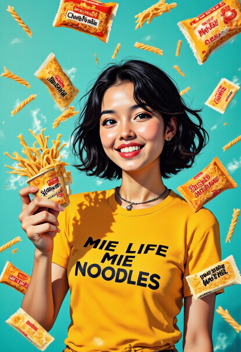 Upper body portrait (from her breast and above) of a young Asian woman with shoulder-length, wavy black hair with subtle caramel highlights, styled in a tousled, effortless manner. She has bright, expressive almond-shaped eyes, defined brows, and wears minimal makeup with just a touch of peachy blush and glossy coral lips. Her wide, genuine smile reveals perfectly aligned teeth as she looks directly at the viewer with a playful, inviting expression. She wears a fitted mustard-yellow t-shirt with phrase "MIE LIFE MIE NOODLES" printed in bold black typography across the chest. The shirt is casually half-tucked, with a small silver noodle-fork pendant necklace visible at her collarbone.
A clean, matte teal background, she's surrounded by a dynamic arrangement of instant noodle rectangle packages cascading around her. Each package is positioned to ensure brand visibility with text clearly reading: 'Indomie', 'Nissin Cup', 'Samyang', 'Shin Ramyun', 'Char Mee', and 'Pop Mie Ayam'. Some rectangle packages are dramatically tearing open with visible steam and perfectly styled noodlez strands curling outward. She playfully balances one rectangle package noodle on her palm while reaching for another rectangle  package with her other hand, her posture suggesting movement and energy. The lighting is bright and commercial, creating subtle highlights on the packaging and giving the entire composition a crisp, appetizing quality with vibrant colors that pop against the background.