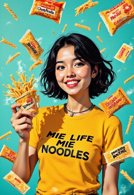 Upper body portrait (from her breast and above) of a young Asian woman with shoulder-length, wavy black hair with subtle caramel highlights, styled in a tousled, effortless manner. She has bright, expressive almond-shaped eyes, defined brows, and wears minimal makeup with just a touch of peachy blush and glossy coral lips. Her wide, genuine smile reveals perfectly aligned teeth as she looks directly at the viewer with a playful, inviting expression. She wears a fitted mustard-yellow t-shirt with phrase "MIE LIFE MIE NOODLES" printed in bold black typography across the chest. The shirt is casually half-tucked, with a small silver noodle-fork pendant necklace visible at her collarbone.
A clean, matte teal background, she's surrounded by a dynamic arrangement of instant noodle rectangle packages cascading around her. Each package is positioned to ensure brand visibility with text clearly reading: 'Indomie', 'Nissin Cup', 'Samyang', 'Shin Ramyun', 'Char Mee', and 'Pop Mie Ayam'. Some rectangle packages are dramatically tearing open with visible steam and perfectly styled noodlez strands curling outward. She playfully balances one rectangle package noodle on her palm while reaching for another rectangle package with her other hand, her posture suggesting movement and energy. The lighting is bright and commercial, creating subtle highlights on the packaging and giving the entire composition a crisp, appetizing quality with vibrant colors that pop against the background.