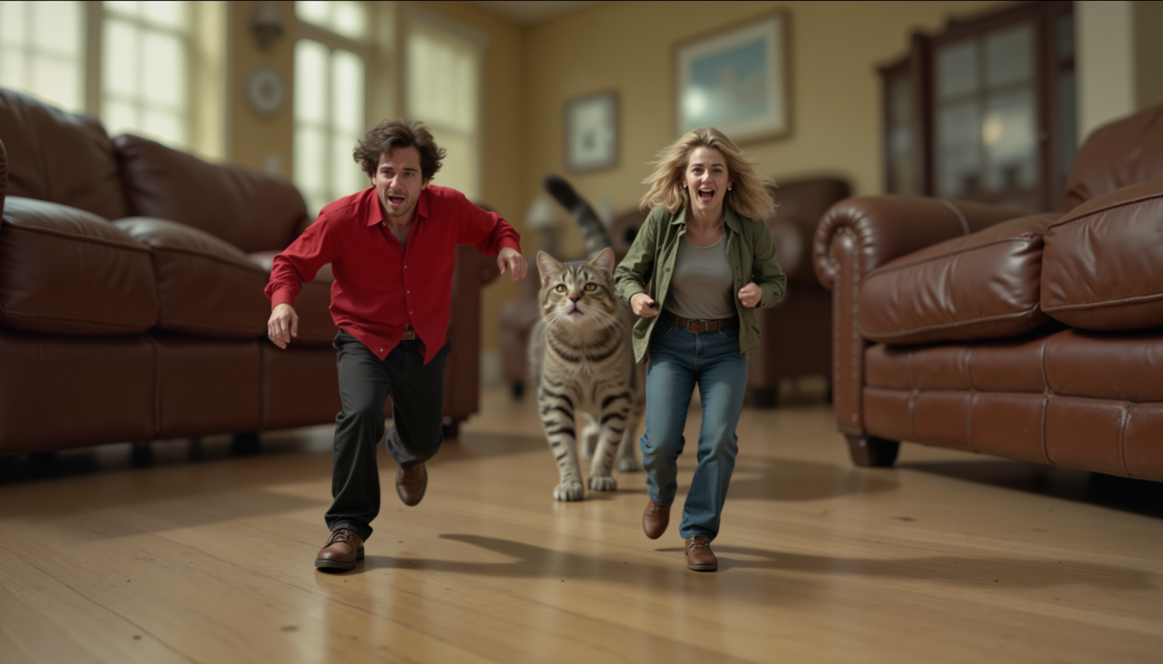 cinematic still, an image of miniature man weather red shirt and black pants and miniature woman wearing jeans and green shirt, running straight towards camera with fear on faces, a menacing large cat is chasing from behind, action movie, livingroom furniture towering around them