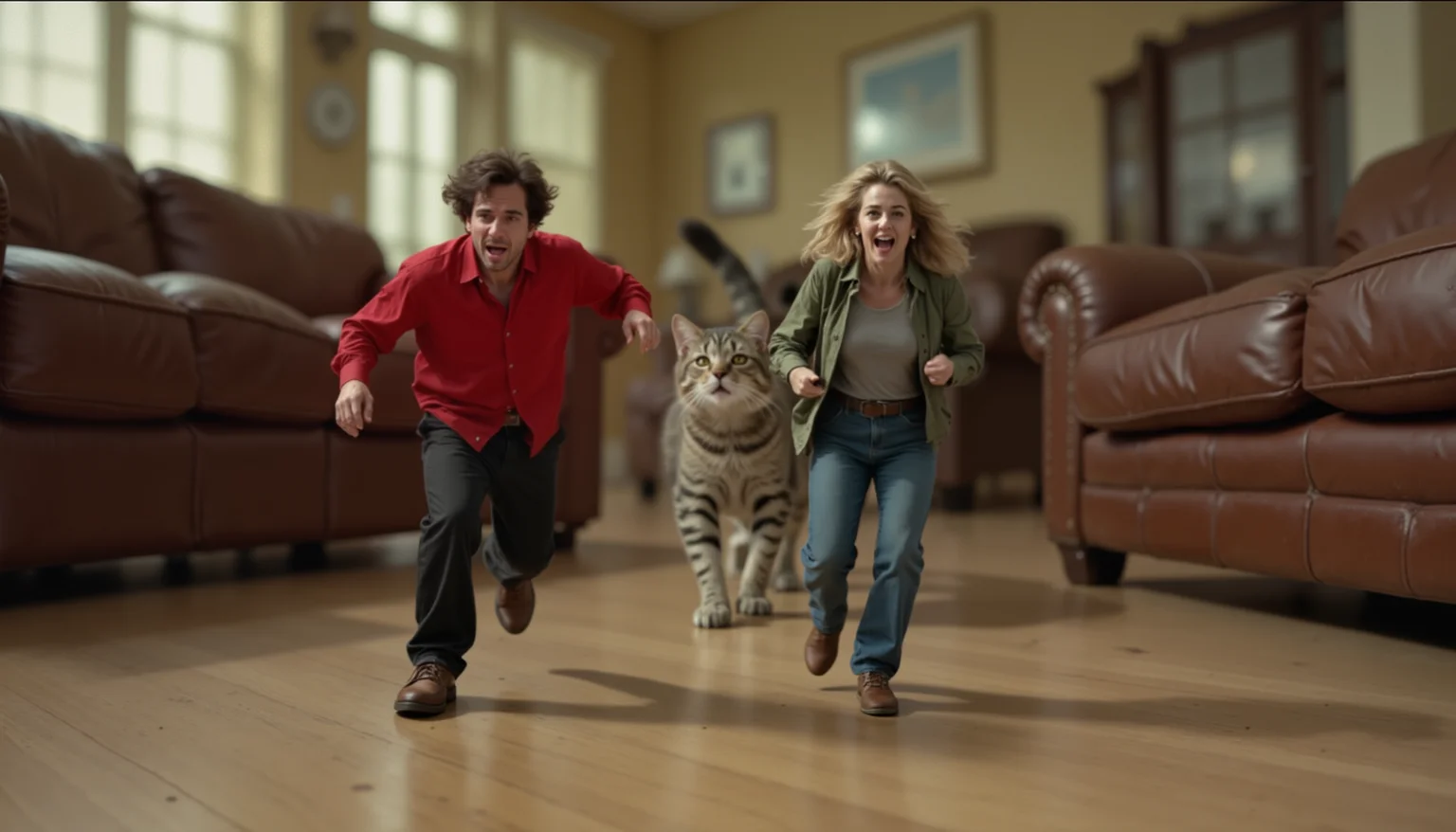 cinematic still, an image of miniature man weather red shirt and black pants and miniature woman wearing jeans and green shirt, running straight towards camera with fear on faces, a menacing large cat is chasing from behind, action movie, livingroom furniture towering around them