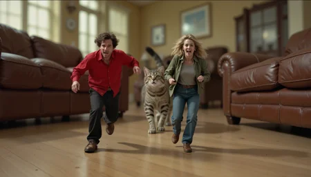 cinematic still, an image of miniature man weather red shirt and black pants and miniature woman wearing jeans and green shirt, running straight towards camera with fear on faces, a menacing large cat is chasing from behind, action movie, livingroom furniture towering around them