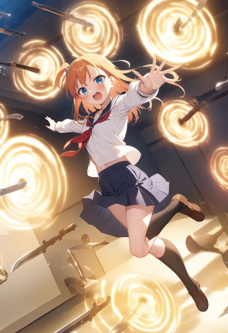 1girl,sincos, ningen mame, toosaka asagi,solo,medium breasts,school uniform,
gate of babylon, floating sword, multiple weapons,glowing,<lora:gateofbabylon_XL_v1:0.7>
ceiling, full body, looking at viewer, flustered, on cruisers, open mouth, one side up hair,, orange hair,
best quality, very aesthetic, absurdres,