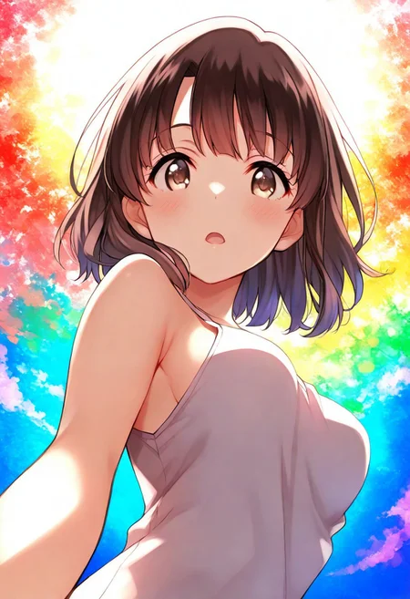 katou megumi, Megumi <lora:KatoMegumi:1>,brown hair,katou megumi,brown eyes, short hair , medium breasts, bare shoulders, narrow mouth, solo, looking at viewer, open mouth, one arm up, upper body, from below, back lighting, dark, multicolored background, colorful, masterpiece, best quality, very aesthetic, source_anime