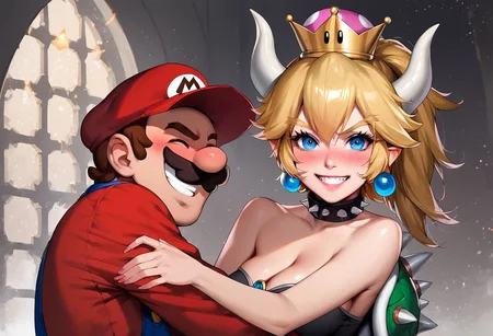 Bowsette put on a collar,(hug by mario wear his original uniform:1.0), Pretend to resist but actually love it a lot, dynamic pose, medium body shot, blush smiled,dynamic pose, climax face, background is mario world, bare arms, bare shoulders, coax, cleavage, acted like couldn't handle it, exhausted face orgasum but happy.
 1girl, evil grin, looking at viewer,  (in mario world, background is mario games:1.0,)
score_9, score_8_up, score_7_up, rating_explicit, epiCPhoto, sharp avn award winning photo, ultrasharp, artistic photoshoot, masterpiece, best quality, detailed painting,