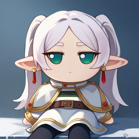score_9, score_8_up, score_7_up, fumo \(doll\), chibi, solo, 1girl, FrierenBase, expressionless, sitting, long hair, white hair, twintails, green eyes, earrings, white capelet, striped shirt, horizontal stripes, long sleeves, belt, white skirt, gold-trim, black pantyhose <lora:style_toyfumo_ponyXL-000006:1> <lora:ChamFrierenPonyXL:1>