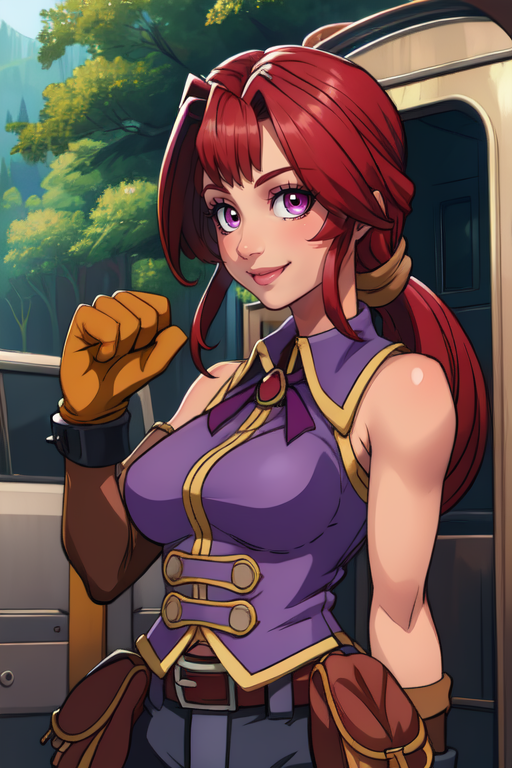 Monica,red hair, low-tied ponytail,   solo, upper body, smiling, 
brown gloves,shorts,pouch,sleeveless,belt,jewlery,purple shirt, 
train station, forest,
 (insanely detailed, beautiful detailed face, masterpiece, beautiful detailed eyes, best quality)
 <lora:Monica-10v3:0.8>