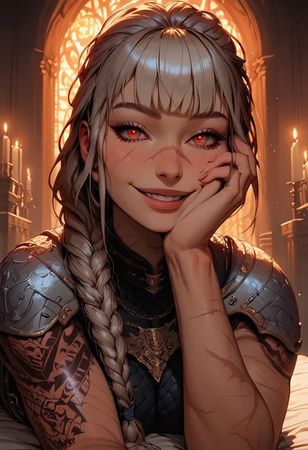 Score_9, Score8_up, Score_7_up, (((High Resolution, Best Quality))), 
1girl, solo, beautiful face, lean muscle, muscle mass, warpaint, detailed eyes, red eyes, braided ponytail, tight white royal slim armor, chainmail, large breasts, royal guard, many scars, fur lined, wide hips, toned, bangs, tattoo, jewelry, beautiful lights, Lying ontop of viewer, laying on viewers chest, inside royal castle, standing vigilant, grasping a sword, sword impailed in table,
Smile, hand on face, leaning on arm,