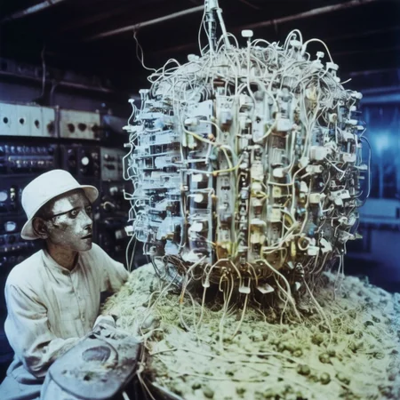 a cinematic still color photograph, from the dream of an android-human-replica, who working tirelessly ,creates a machine that makes copies of human dreams, bio-computer configured with biologically plausible biogenic circuits, brazilian tropicalia retrofuturism,
cursed image, thinking plague