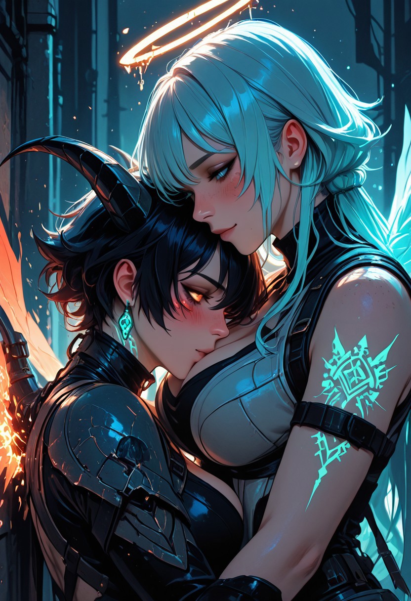 (masterpiece), (best quality), (8k), 2girls, angel and demon, intense stare-down, tension, glowing eyes, magical aura, emissive lighting effects, cinematic lighting, golden hour glow, divine vs infernal contrast, glowing halo above angel, broken burning halo above demon, floating sparks, glowing tattoos or markings, glowing feathers vs shadowy wings, ambient light particles, symmetrical composition, high detail, soft shadows and light contrast, dramatic environment, cleavage, large breasts, detailed armor, bodysuit, fishenets, sleeveless, armbands, flowing cloth, mystical energy in air, angel freckles, demon scars, 
Face details, happy, in love, blush, blushing, pushed against wall, hugging, head on chest, face on chest, nuzzle, nuzzling breasts,