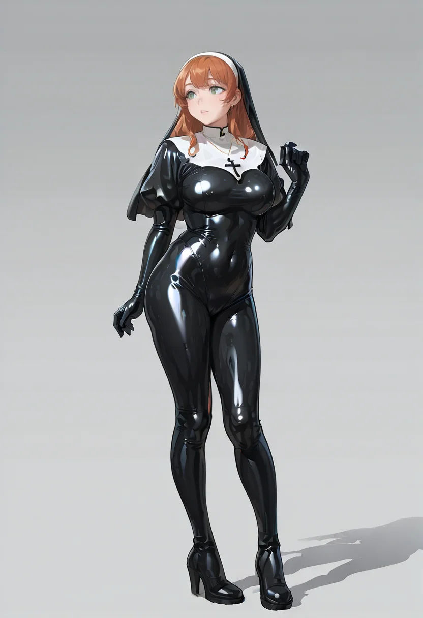 latex bodysuit nun, latex, latex bodysuit, nun, bodysuit, skin tight, black bodysuit, shiny clothes, solo, 1girl,full body,