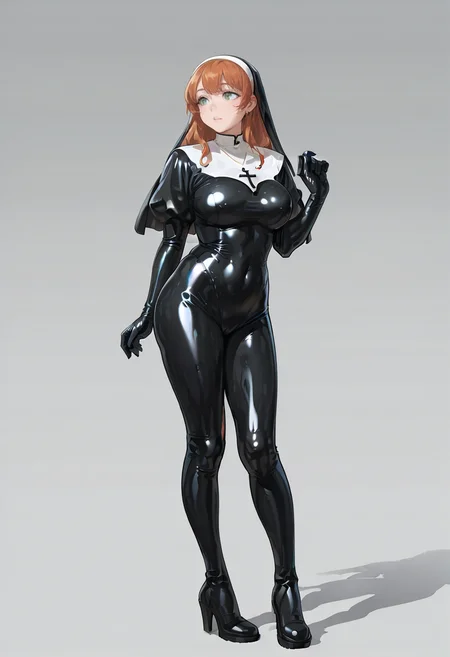 latex bodysuit nun, latex, latex bodysuit, nun, bodysuit, skin tight, black bodysuit, shiny clothes, solo, 1girl,full body,