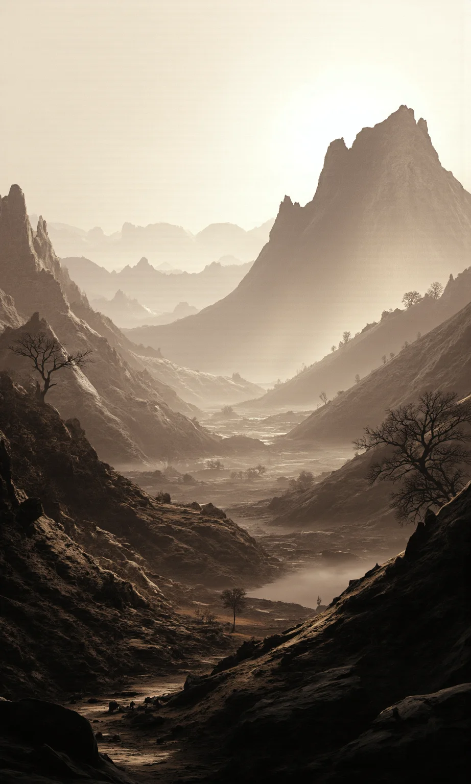 In a breathtaking display of artistic mastery/ this exquisite landscape painting captivates the audience with its vast expanse of rolling hills/ distant mountains/ and atmospheric lighting that casts long shadows across the terrain. The scene unfolds like a dreamscape/ with ink splatters subtly adding texture and depth to every crevice of the land/ blending seamlessly into the contours of the scattered trees and rocks that punctuate the landscape.
The spatial composition is meticulously crafted/ with the dynamic motion in the ink splatters drawing the viewer's eye across the vast terrain like a river flowing towards the minimalist horizon line that fades away into the distant mountains. The soft gradients of the sky transition effortlessly from light to dark hues/ adding an ethereal quality to the already mesmerizing scene.
Deep valleys filled with mist create pockets of mystery and intrigue/ inviting viewers to explore further while leaving some things unseen. The rich color palette consists of muted earth tones intertwined with dark inky accents that add depth and complexity to the overall composition. Intricate layers of ink texture have been meticulously applied/ merging seamlessly into the environment/ adding a sense of movement and life to every element within the landscape.
The spatial balance is impeccable/ as various elements are placed strategically throughout the canvas: trees and rocks punctuate key areas in both foreground and background; distant mountains anchor one side while misty valleys soften the other. Each component works together harmoniously to create an enchanting scene that evokes a sense of wonder and nostalgia within its viewers/ transporting them far beyond their immediate surroundings.
The ink splatters have been masterfully utilized to add layers of complexity and visual interest/ breaking up areas of flatness while simultaneously tying all elements together in perfect harmony. This sublime blend of ink textures with natural elements creates a work that is at once serene and dynamic/ timeless yet modern - a true testament to the artist's skill and vision.