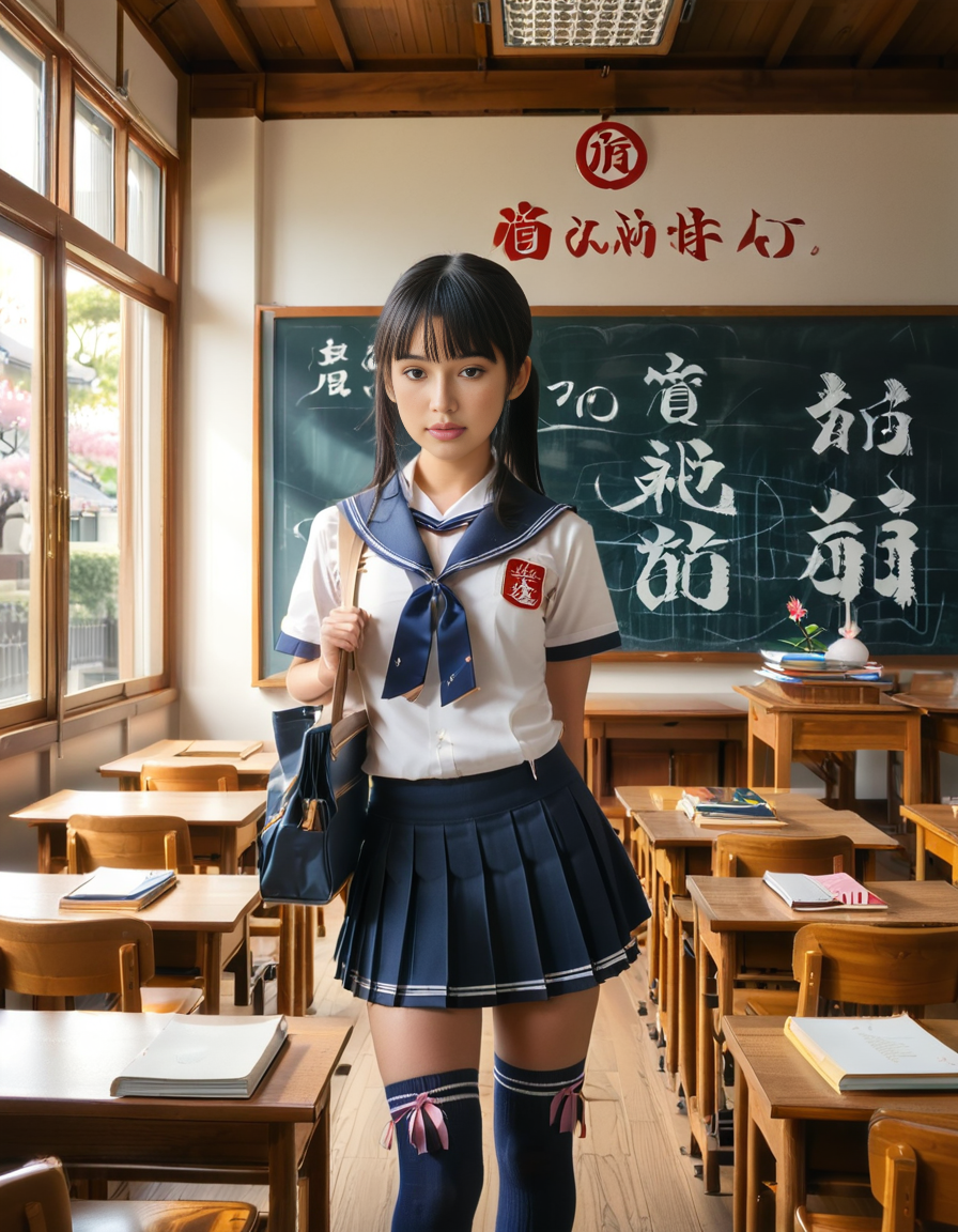 A Japanese schoolgirl standing in a traditional Japanese classroom during daytime. She wears a classic navy blue and white sailor-style school uniform with a pleated skirt, a ribbon tied at the collar, and knee-high socks. She has neatly styled black hair, possibly in a ponytail or straight with bangs, and carries a school bag over one shoulder. Her expression is calm and focused, with a hint of curiosity or determination.
The classroom features wooden desks and chairs arranged in rows, a large chalkboard with neatly written Japanese characters, and sunlight streaming in through large windows that reveal cherry blossom trees outside. Educational posters with kanji and hiragana are displayed on the walls, and a clock hangs above the board. The atmosphere is warm and nostalgic, capturing the essence of a Japanese school setting in a realistic and highly detailed photograph.
<lora:SDXLFaeTastic2400:0.4> <lora:extremely_detailed:0.4> extremely detailed, <lora:Japanese_cl4ssr00m:1>,Japanese cl4ssr00m, Masterpiece,best quality,hi res,8k,hi res,8k,award winning,(sharp focus, intricate, highly detailed),