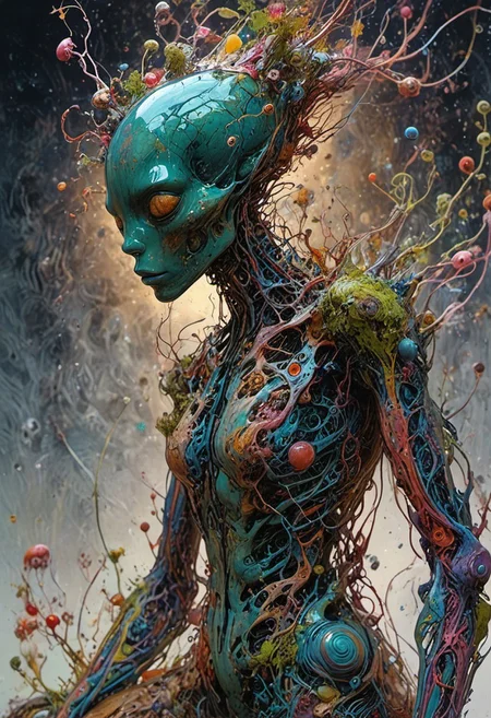 Create an image of a soft focus, ultra HD photography of a surrealist psychedelic malformed creature with transparent head and transparent body, organs and rich ecosystem visible, hyper realistic liquids, joints, debra paget as a scifi space explorer, hour glass figure, large bosom, standing on a alien, Champagne and Wheat (W3C), Ethereal alien cybergoth fashion photography painting, in the style of teal and gold. in the background, tintricate stunning highly detailed, abstract, trippy, 60s style, op art, dark blues and blacks, swirling patterns, hypnotic, art by careening into peace.