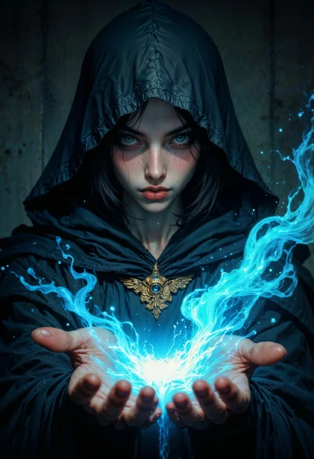 a woman with striking, intense facial features and fair skin. Her dark hair flows around her face, and her piercing eyes are highlighted by the dramatic lighting. She is dressed in a dark, hooded garment with a gold clasp, exuding a sense of mystery and power. The focal point of the image is the swirling, luminescent blue water-like energy emanating from her outstretched hand, creating a dynamic and magical atmosphere. The background is dark, enhancing the contrast and vibrancy of the blue energy, which appears almost liquid in its fluid motion. The overall composition is centered, with the subject's gaze directly engaging the viewer, adding to the intensity and allure of the scene.