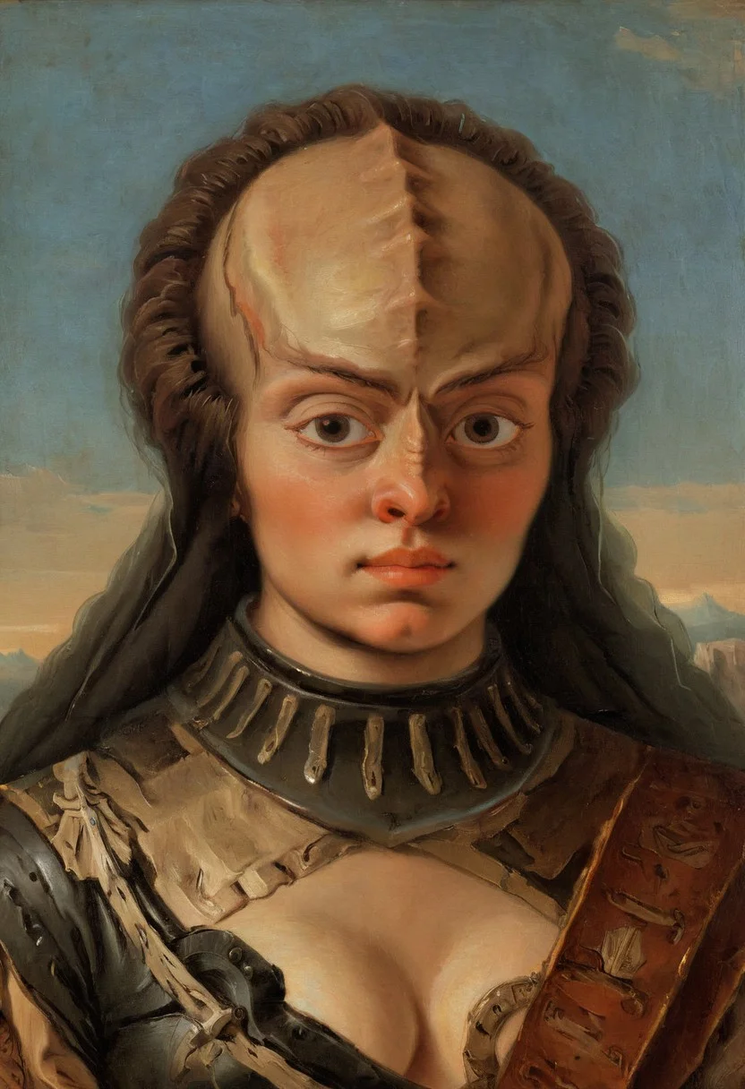 intricate detailed AH_Tiepolo Tiepolo oil painting upper body portrait of a female  kling0n alien princess, leather dress, forehead ridges, light brown skin, nose ridges, large eyebrows