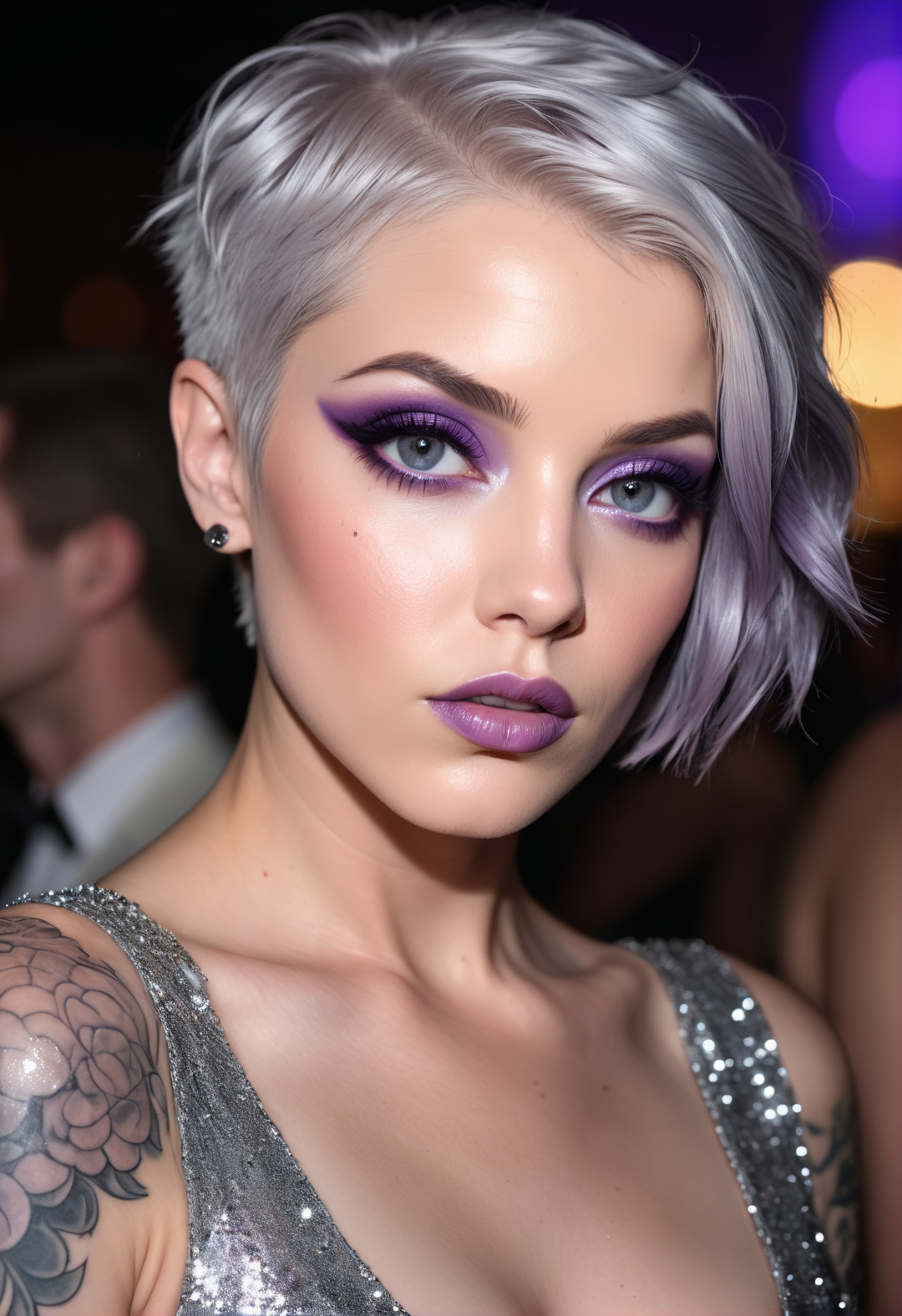 up close photo of a woman with heavy smoky makeup, beautiful detailed eyes, short silver violet hair, hard night partying, sparkling mini dress, tattoos, large lips, skin detail, pores, realistic, imperfections,