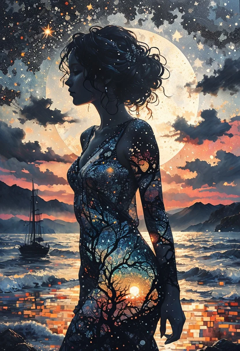 inky silhouette of a fragmented woman with dot-speckled skin,nestled in a mosaic of monochrome and metallix hues,sprouting zentangle limbs on the background of a black sunset in ukiyo-e style,under a star-tinged graffiti nebula that breathes uncanny life, style of Andreas Achenbach