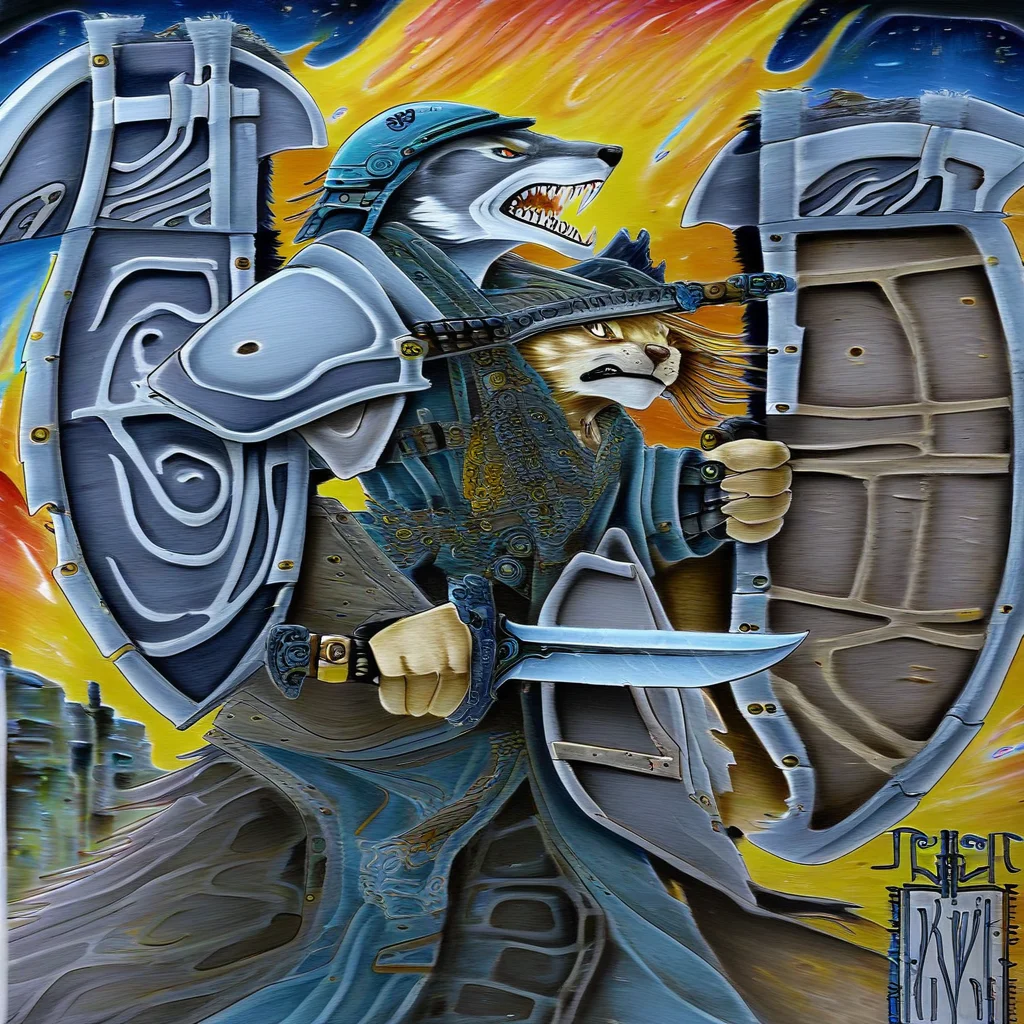 sharp teeth, traditional media, knife, kaijuu, helmet, pants, furry, science fiction, weapon over shoulder, holding sword, holding shield, holding axe
