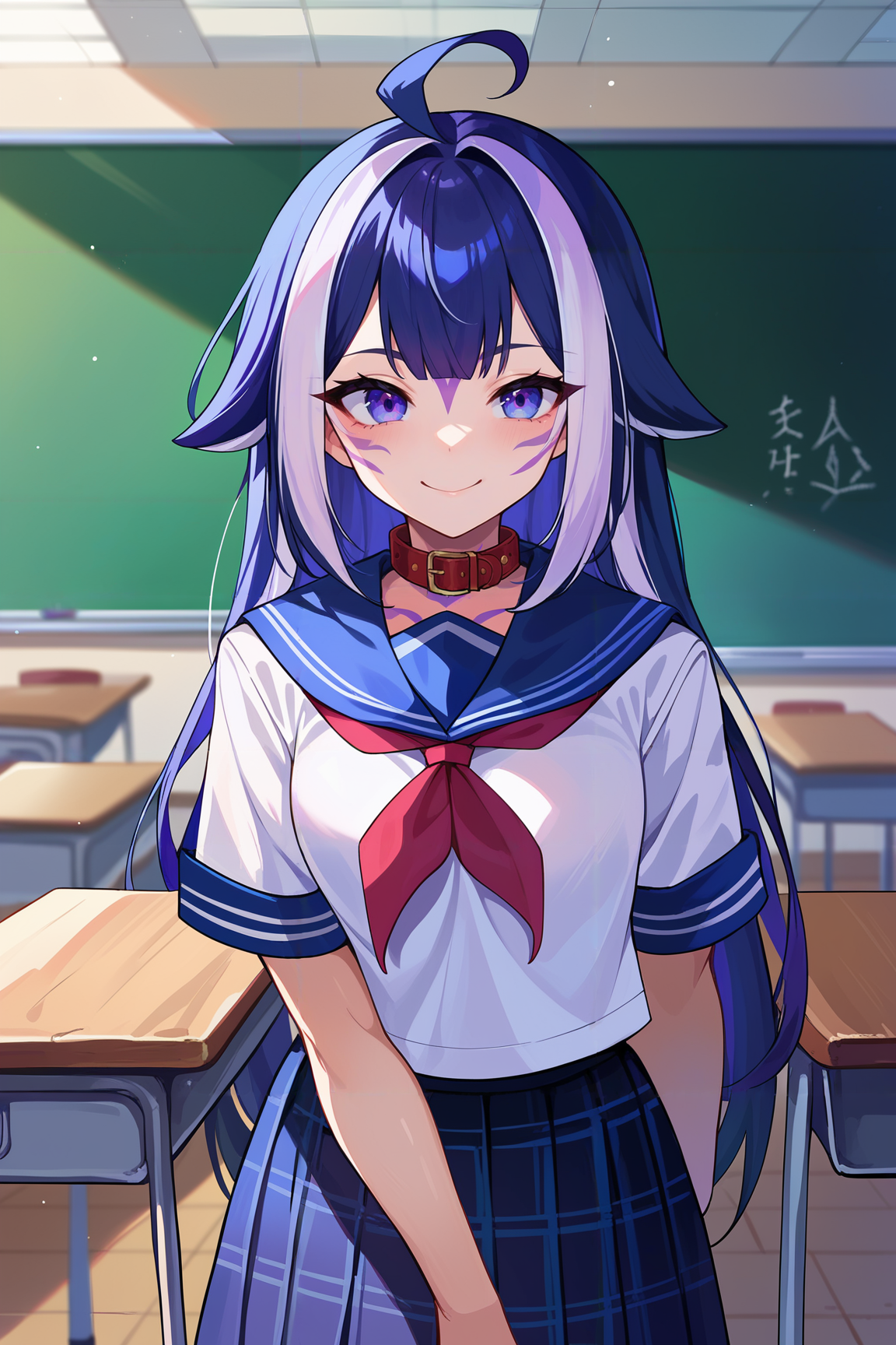 score_9,score_8_up,score_7_up,score_6_up,<lora:shylily xl pd:1>shylily,long hair, multicolored hair,streaked hair,ahoge, tattoo, 1girl,school uniform, serafuku, sailor collar, black skirt,white shirt, plaid skirt, classroom,desk,table,chair, chalkboard, smile,face tattoo,collar