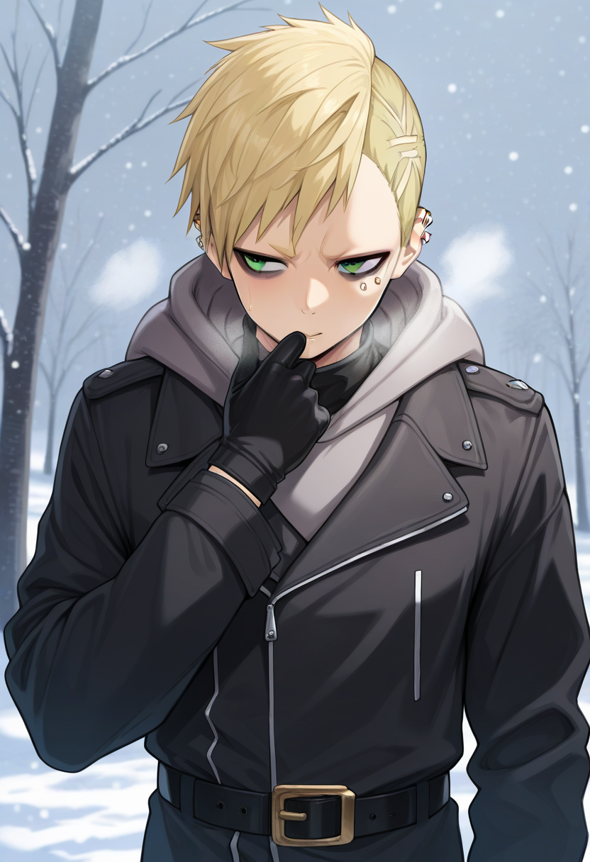 masterpiece, best quality, amazing quality, very aesthetic, absurdres,  newest, scenery, 
1boy, solo, 
oscar dressel, blonde hair, short hair, green eyes, ear piercing, scar, eyelid piercing,
black jacket, hooded jacket, black gloves, belt, grey hoodie,
upper body, snowing,
<lora:ntmf_majorcharacters.ilxl:1>