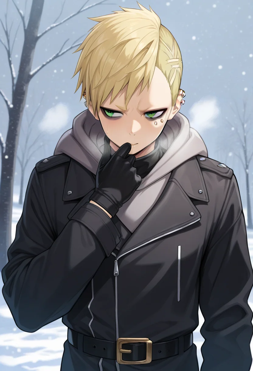 masterpiece, best quality, amazing quality, very aesthetic, absurdres, newest, scenery,
1boy, solo,
oscar dressel, blonde hair, short hair, green eyes, ear piercing, scar, eyelid piercing,
black jacket, hooded jacket, black gloves, belt, grey hoodie,
upper body, snowing,
<lora:ntmf_majorcharacters.ilxl:1>