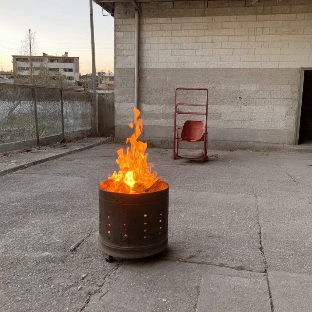 Chern4byl enviroment,Realistic style, a fire pit amidst ruins. The scene is set in a desolate, abandoned urban landscape with crumbling walls and debris. The fire pit is central, its flames casting a warm, flickering light against the cool, shadowy tones of the ruins. The texture of the fire's glow reflects on broken concrete and twisted metal, creating a stark contrast between warmth and decay. Details like ash, smoldering embers, and scattered remnants of a once bustling place enhance the realism.,<lora:money_bucket:0.8>  , <lora:PostApocalyptic_Chernobyl_v3:0.8>