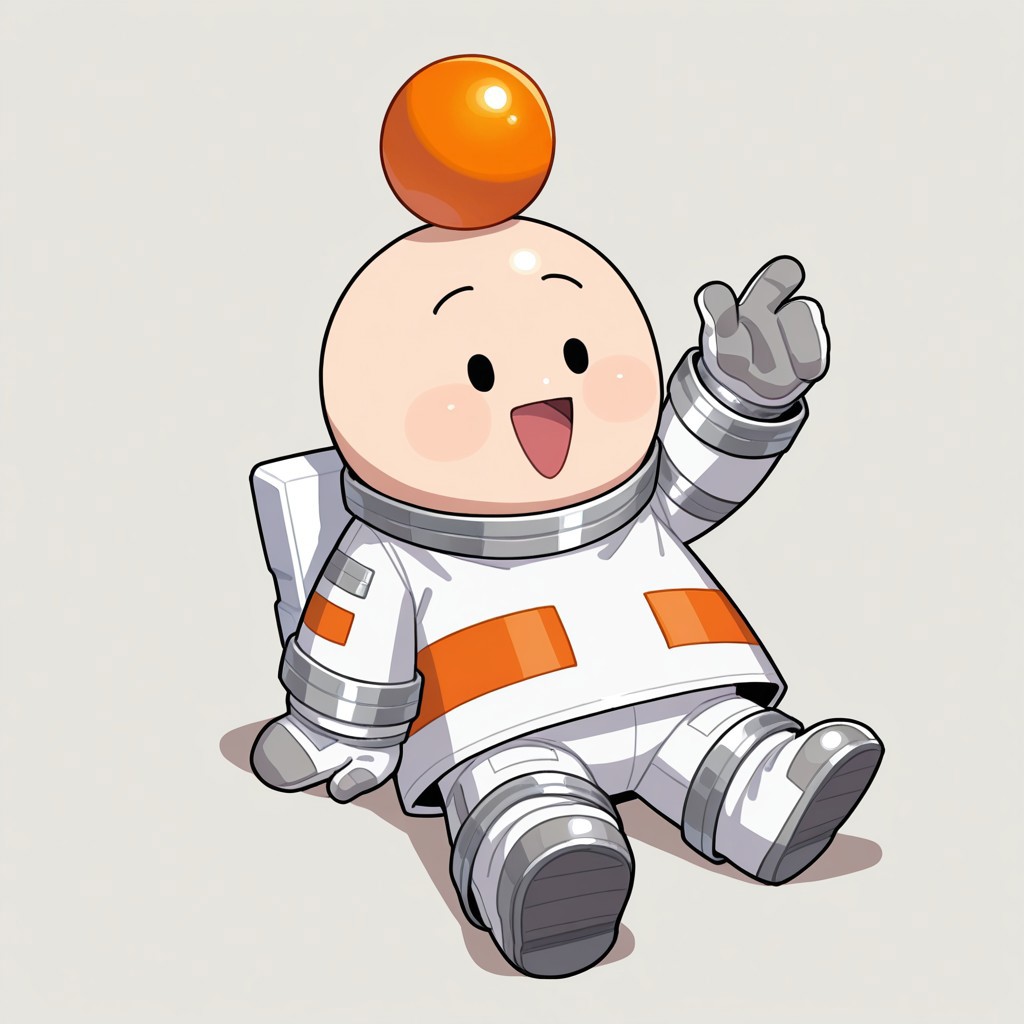 masterpiece, best quality, perfect quality, very awa, absurd res, newest, absolutely eye-catching, solo, 1boy, Opoona, Spacesuit, black eyes, dot eyes, chibi, holding orange ball, bald, smiling, open mouth, sitting down, spaceship
