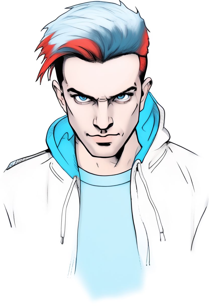 Duskfallcrew Art Style, solo, blue eyes, shirt, 1boy, white background, blue hair, jacket, male focus, open clothes, pants, hood, hair over one eye, red jacket, grimace, frustrated look, score_9_up, score_8_up, score_7_up, score_6_up, source_cartoon ,