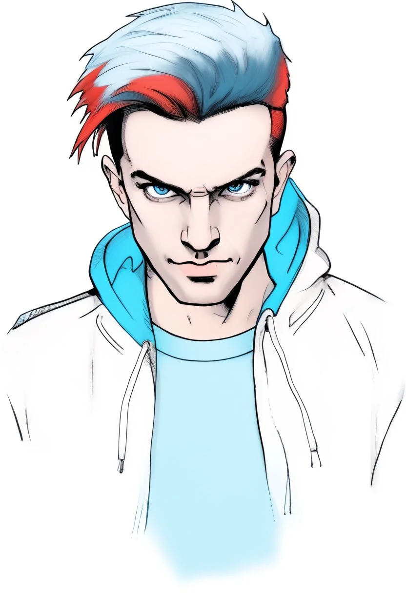 Duskfallcrew Art Style, solo, blue eyes, shirt, 1boy, white background, blue hair, jacket, male focus, open clothes, pants, hood, hair over one eye, red jacket, grimace, frustrated look, score_9_up, score_8_up, score_7_up, score_6_up, source_cartoon ,