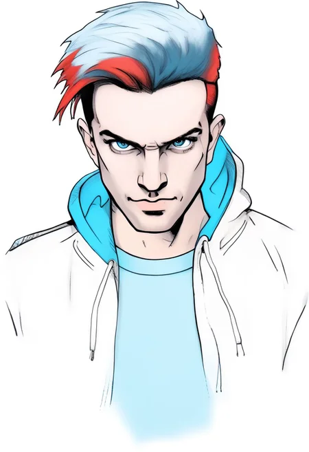 Duskfallcrew Art Style, solo, blue eyes, shirt, 1boy, white background, blue hair, jacket, male focus, open clothes, pants, hood, hair over one eye, red jacket, grimace, frustrated look, score_9_up, score_8_up, score_7_up, score_6_up, source_cartoon ,