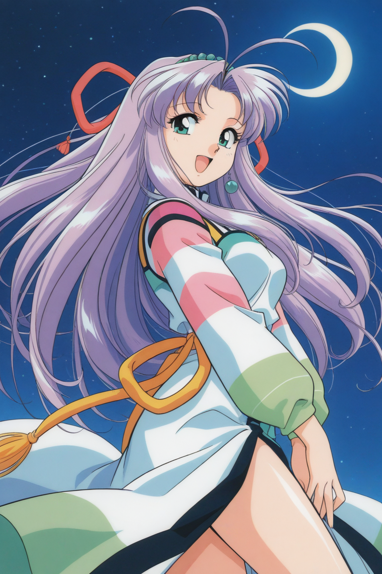 masterpiece, best quality, source_anime,official art,perfect_anatomy,1990s_\(style\),retro_artstyle,1girl,Shaorin,jewelry,ahoge,long_hair,purple_hair,dress,long_sleeves ,long skirt,(beautiful detailed face,looking_at_viewer,smile,open mouth),cowboy shot,thighs,from side,hip,close to viewer,moonlight,starry_sky,crescent_moon