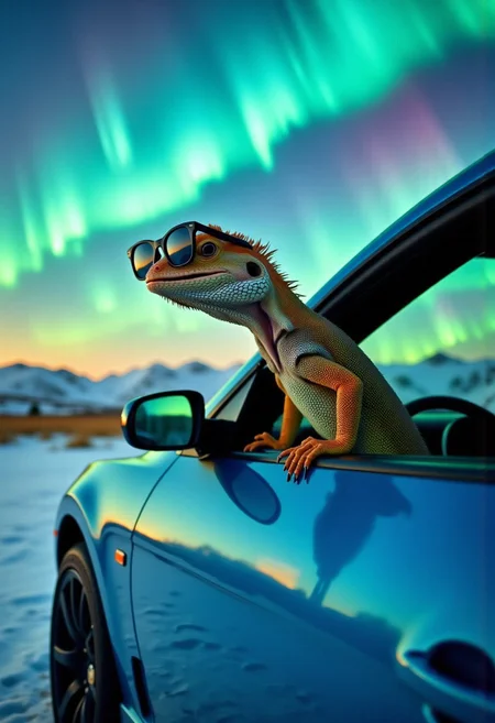 a fast and the furious movie hero anthro human-gecko wearing glossy black sunglasses leans out of the window of a sleek shiny blue sportscar. The aurora borealis glowing etherial patterns are reflected in insane breathtaking detail on the gekco-man's large black sunglasses