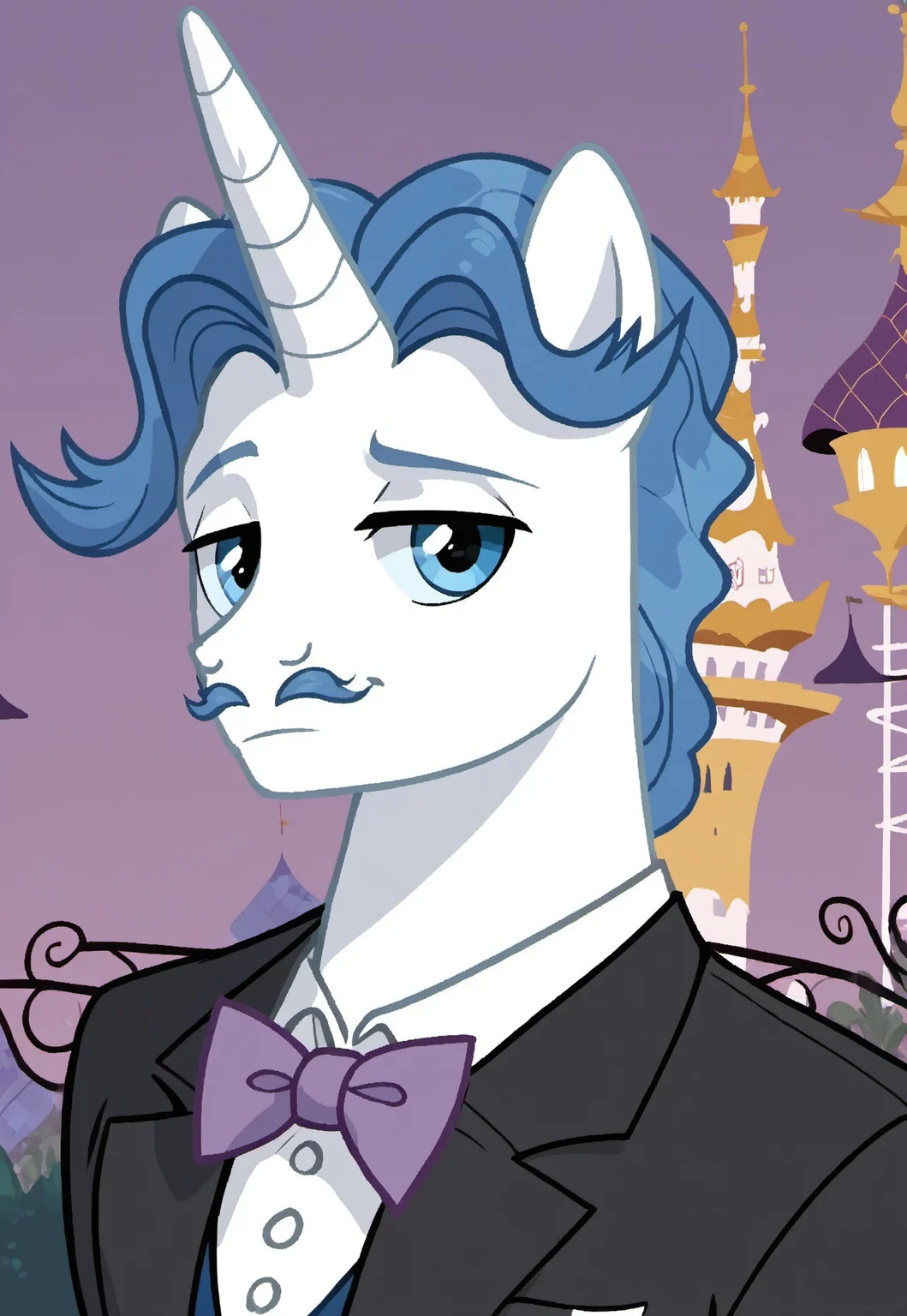 safe_pos, safe_pos, score_9, score_8_up, score_7_up, source_anime, rating_nsfw, ultra hd, absurdres, solo, masterpiece, best quality, best aesthetic, Expressiveh, wolfconf, 1boy

MLPFancyPants, unicorn, blue hair, blue mustache, monocle, bowtie, formal, suit, portrait, looking at viewer, canterlot background, stubble, anthro
