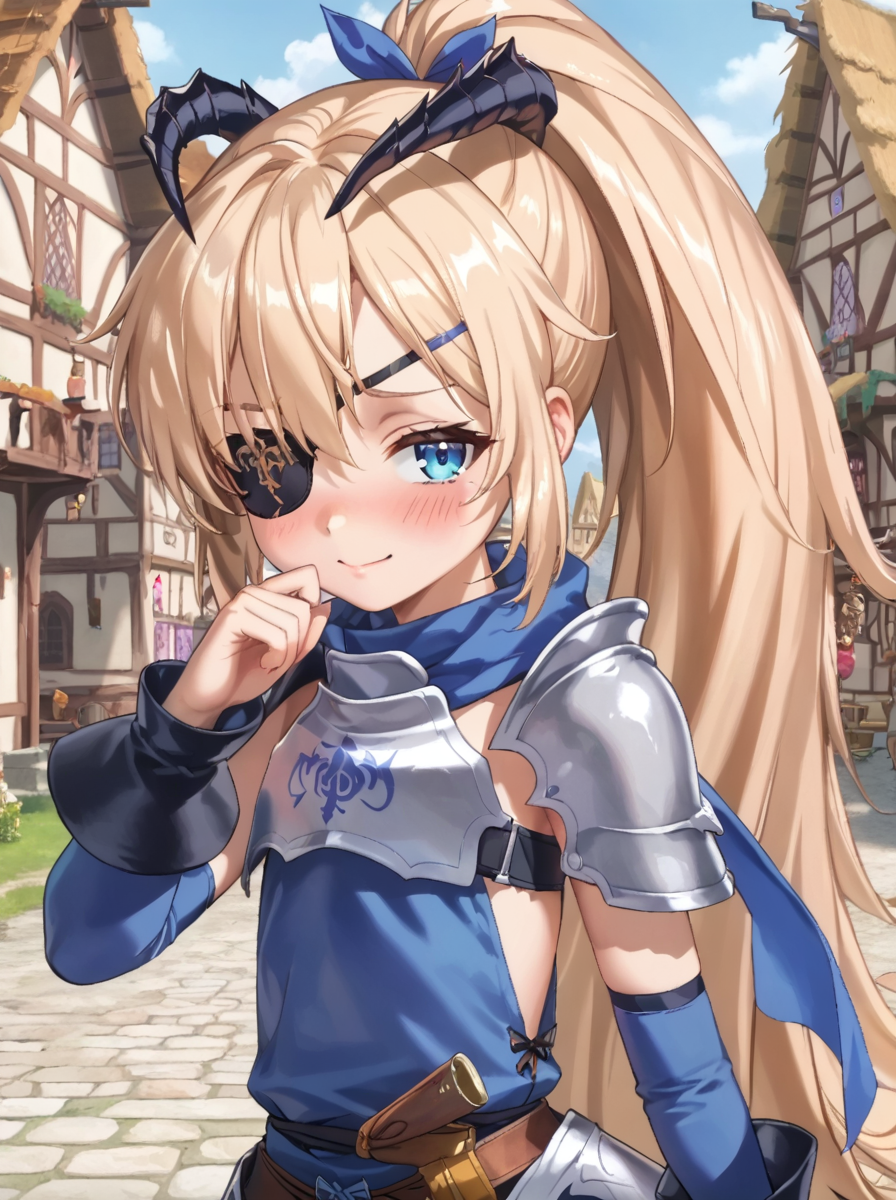 detailed background, shiny skin, posing, rating safe, 
<lora:guillotine.pony:1.0>,
guillotine, 
medieval town,
upper body, blush, half-closed eyes, looking at viewer, eye patch, nervous smile,